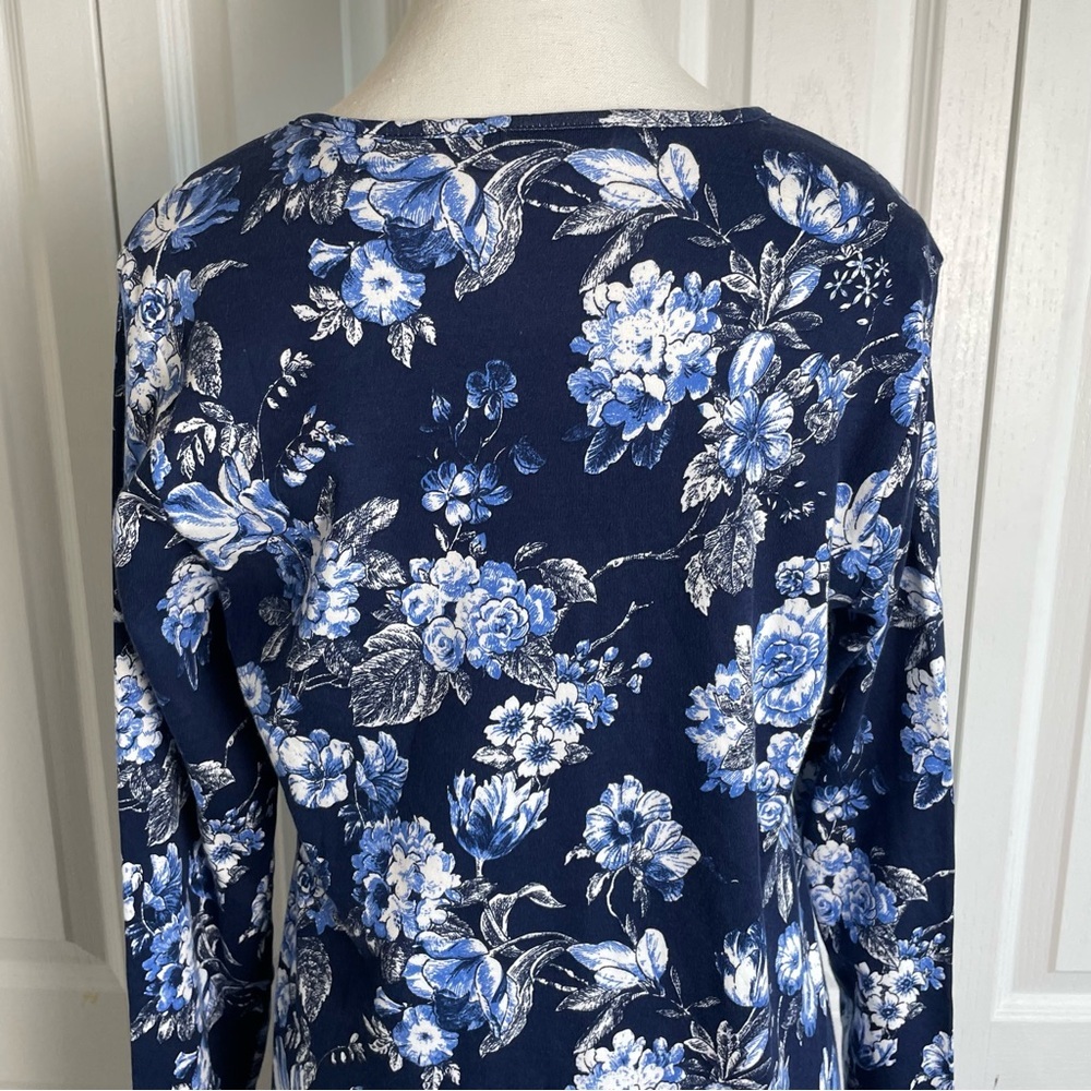 Lands’ End Cotton Interlock Long Sleeve Above Knee Nightgown Blue Floral, Small - Picture 7 of 15